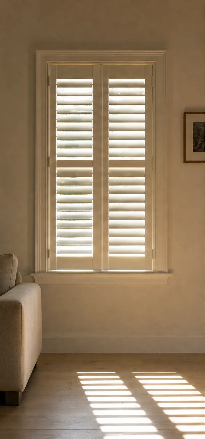 Plantation shutter louvres at forty-five degrees casting light bars on a wood floor
