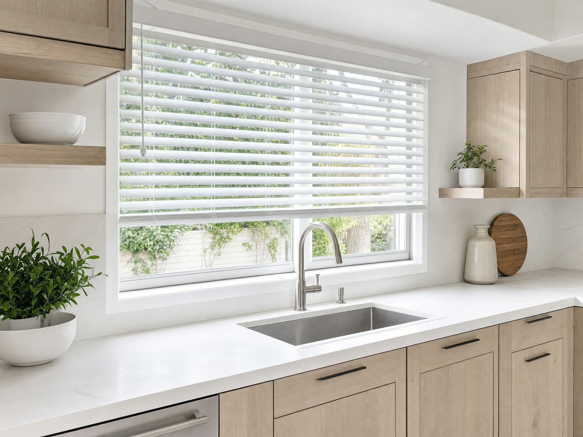 Wood and faux wood blinds fitted to windows