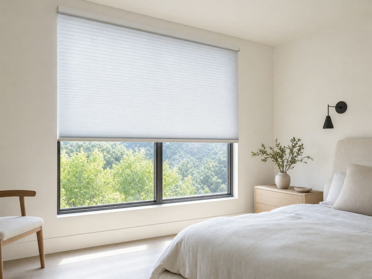 Roller and cellular window shades in a living space