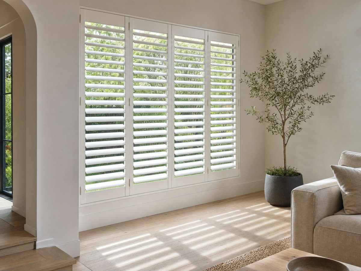 White plantation shutters fitted to a residential window